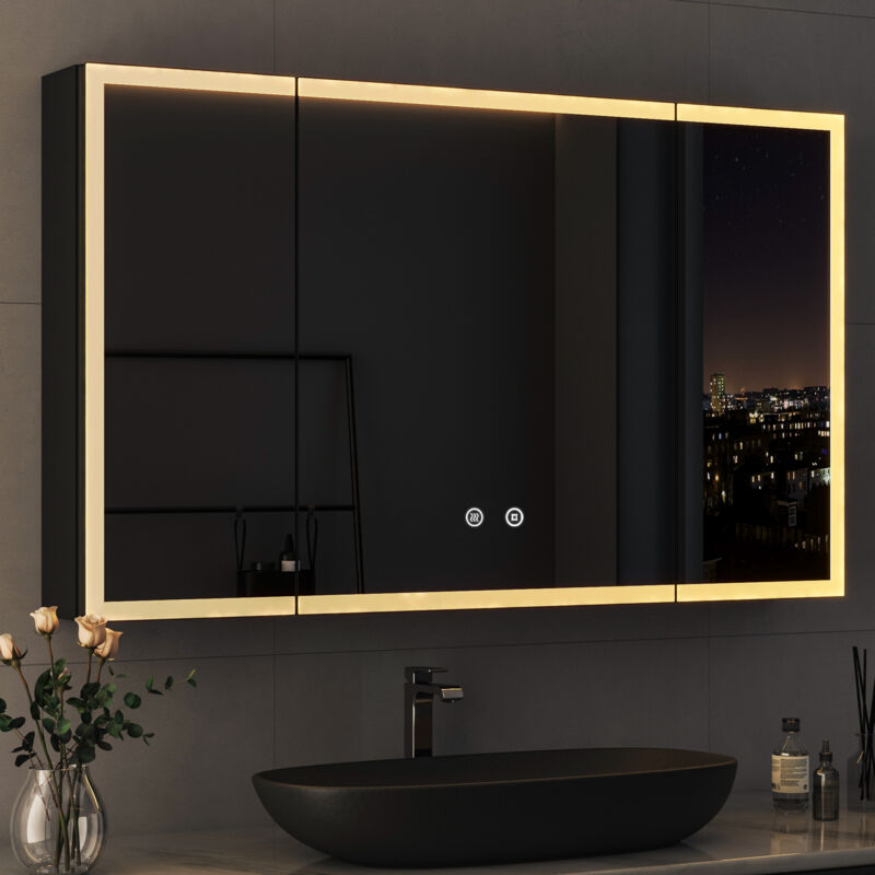 3 Türen Spiegelschrank Bad mit Beleuchtung 90 x 60 cm, LED Spiegelschrank mit Beleuchtung Bad-Hängeschränke Badezimmerschrank mit Touch-Schalter, 3