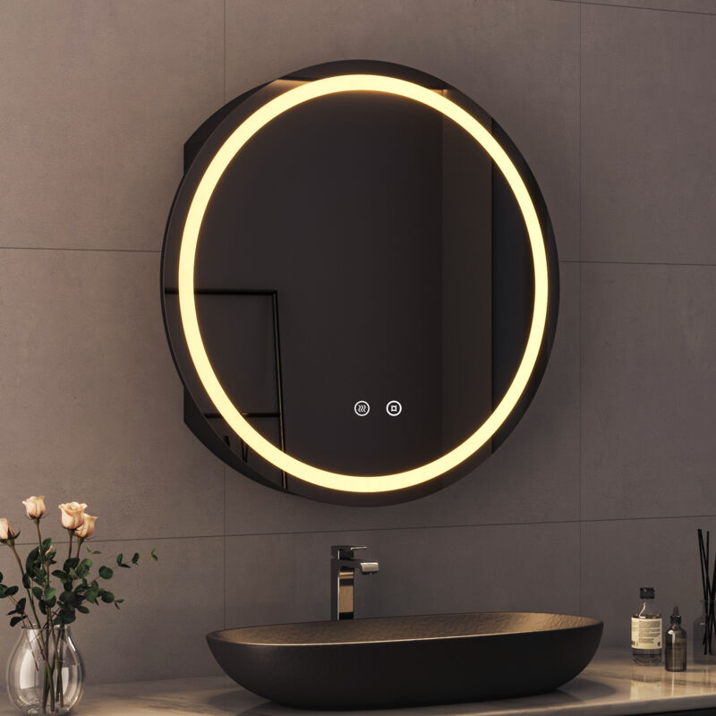 Runder Spiegelschrank Bad mit Beleuchtung 60 x 60 cm, LED Spiegelschrank mit Beleuchtung Bad-Hängeschränke Badezimmerschrank mit Touch-Schalter, 3