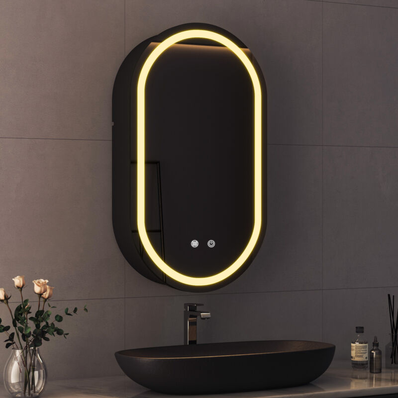 Boromal Ovaler Spiegelschrank mit Beleuchtung 40x70cm Aluminium LED Spiegelschrank Bad mit Beleuchtung Badezimmerschrank, Badschrank Medizinschrank