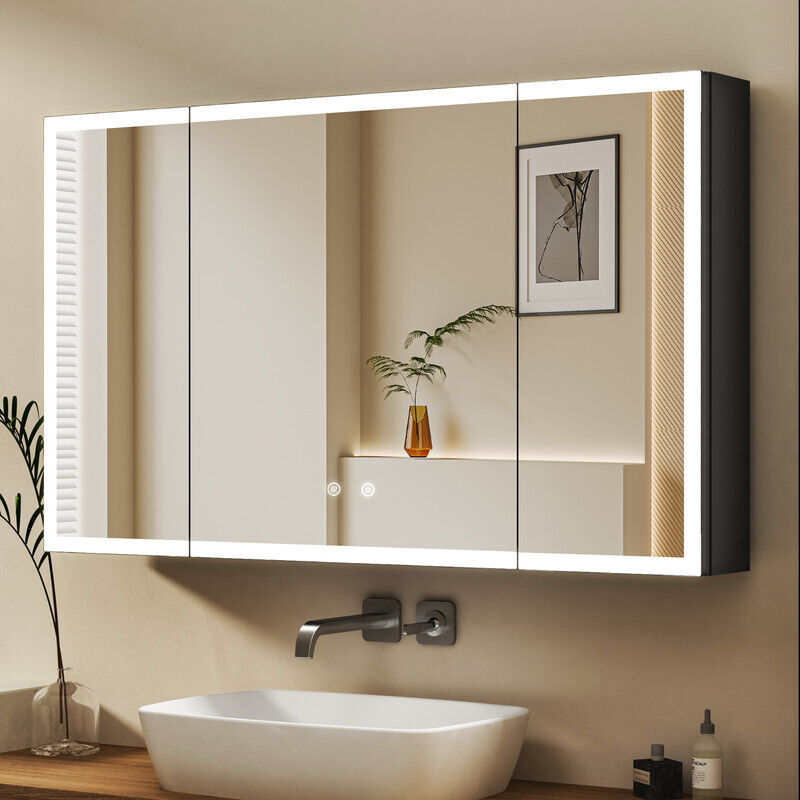Boromal Spiegelschrank mit Beleuchtung 100x60cm Aluminium LED Spiegelschrank Bad mit Beleuchtung Badezimmerschrank, Badschrank Hängeschränke Spiegel