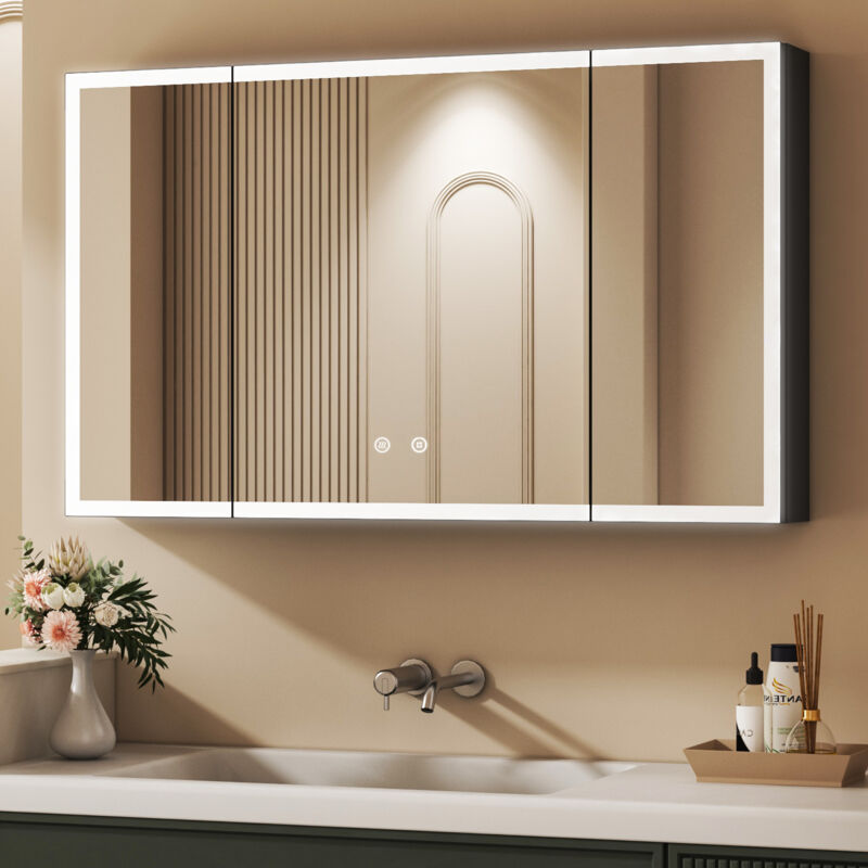 3 Türen Spiegelschrank mit Beleuchtung 90x60cm Aluminium Spiegelschrank Bad mit Beleuchtung Badezimmerschrank, Badschrank Medizinschrank Spiegel