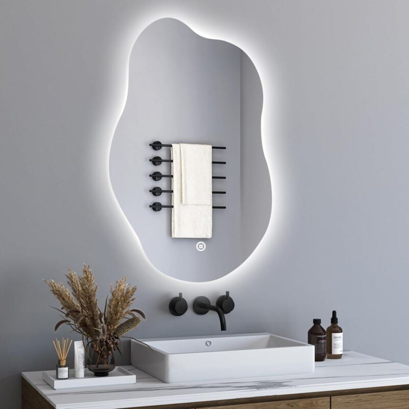 Boromal Spiegel mit Beleuchtung Asymmetrischer LED Badspiegel 52x85cm Badezimmerspiegel mit Beleuchtung LED Spiegel mit Touch-Schalter, Dimmbar 3