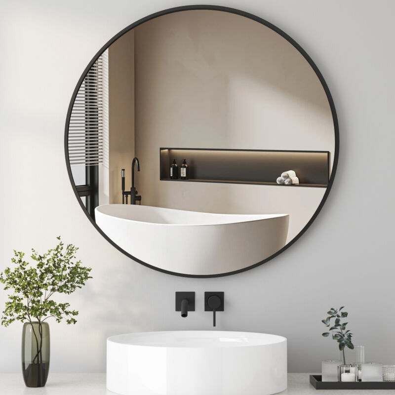 Boromal Spiegel Rund Schwarz, Spiegel 100x100cm Rund Shwarz Wandspiegel Rund Schminkspiegel mit Metallrahmen Dekorative Runder Spiegel für Badezimmer