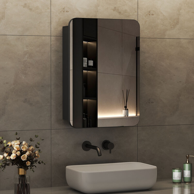 Boromal - Spiegelschrank Schwarz Spiegelschrank Bad Metall Badezimmerschrank mit Spiegel Badezimmerspiegelschrank mit Verstellbare Glasablage (40 x