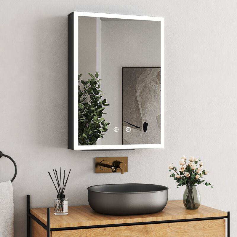 Boromal Spiegelschrank Bad mit Beleuchtung 50x70cm Schwarz Spiegelschrank Spiegelschränke Hängeschrank Badezimmerschrank Badschrank Medizinschrank