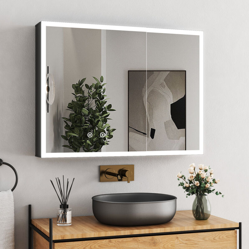 Boromal Doppeltür Spiegelschrank Bad mit Beleuchtung 80x60cm Schwarz Spiegelschrank Spiegelschränke Hängeschrank Badezimmerschrank Badschrank