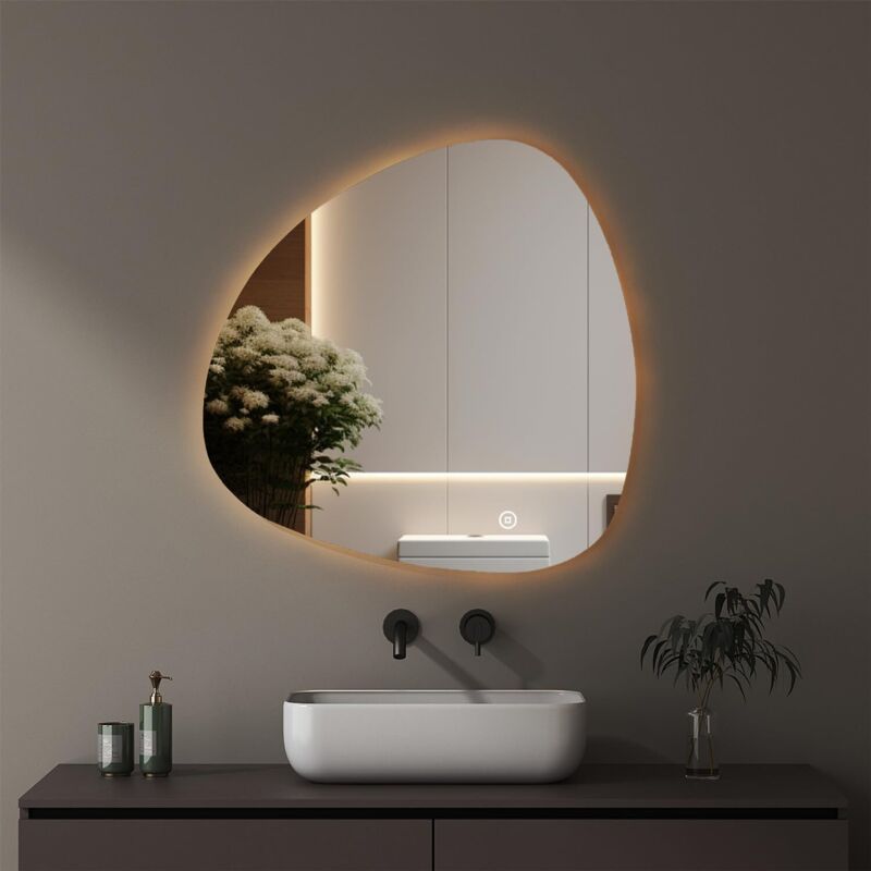 Unregelmäßiger Form Asymmetrischer Spiegel mit led Beleuchtung, Badspiegel mit Beleuchtung 80x80cm Badezimmerspiegel led Wanspiegel mit