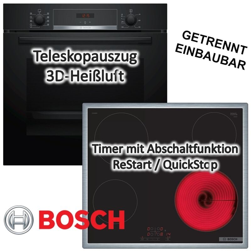 Bosch - herdset Backofen Teleskopauszug EcoClean Direct + Elektrokochfeld Timer autark 60cm
