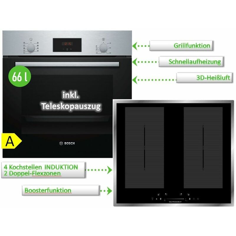 Herdset Bosch Backofen Teleskopauszug 3DHeißluft + Wolkenstein Induktionskochfeld autark 60cm