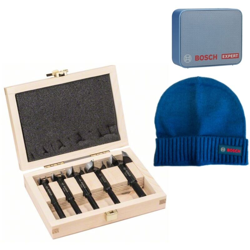 Bosch Professional - Bosch Forstnerbohrer-Set, 5-teilig, 15 - 35 mm, toothed-edge & jbl GO2 Lautsprecher, Bosch Beanie