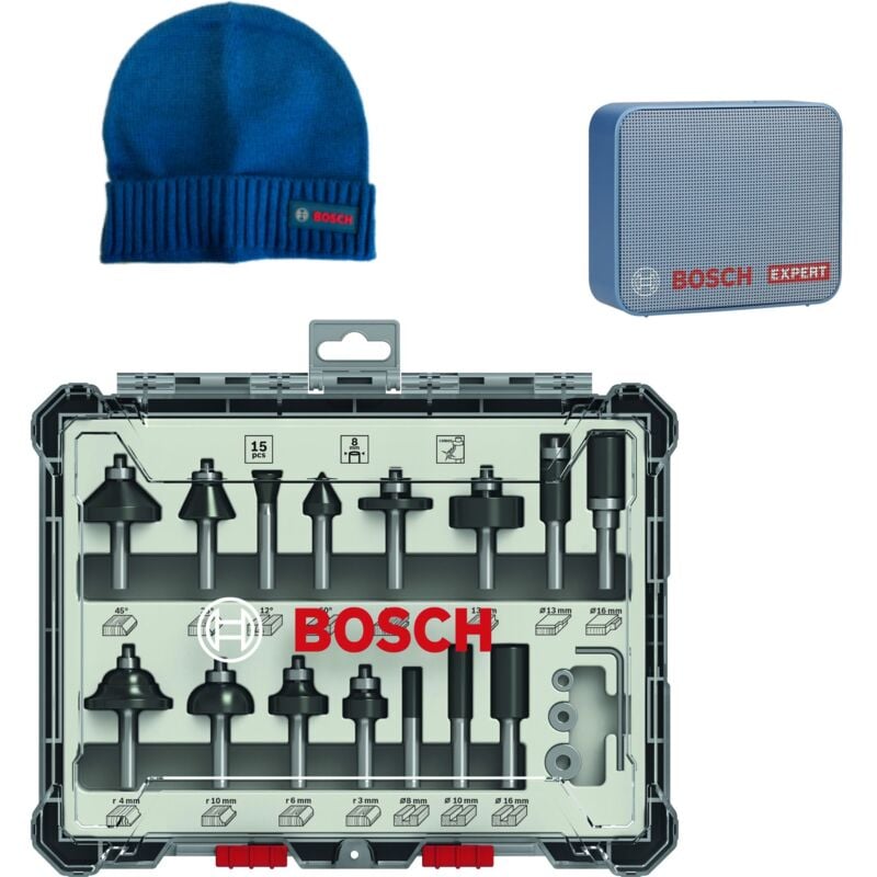 Bosch Fräser Set Mixed 15 teilig 8mm Schaft für Oberfräsen 2607017472 & jbl GO2 Lautsprecher, Beanie
