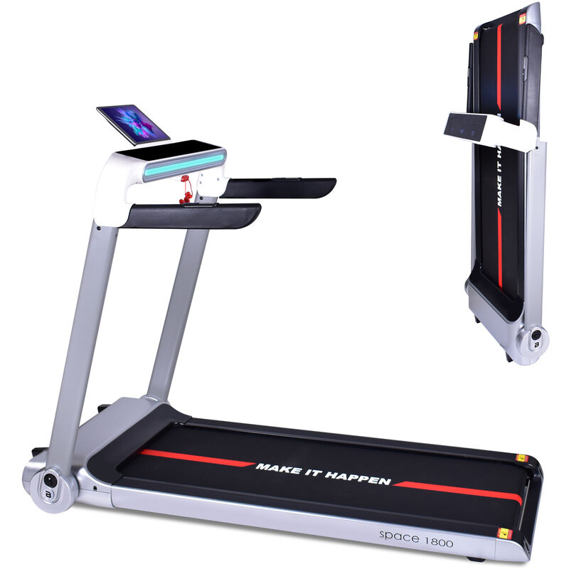Boudech - space 1800- Ultraflaches faltbares elektrisches Laufband 1800W mit Touchscreen-Display, iPad-Halterung, Bluetooth-Lautsprechern, App-System