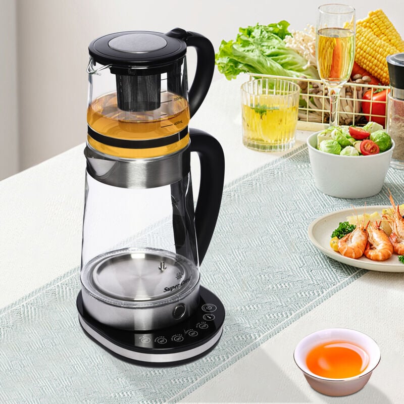 Bouilloire en verre à LED avec réglage de la température + fonction de maintien au chaud, filtre à thé en acier inoxydable + accessoire pour théière,