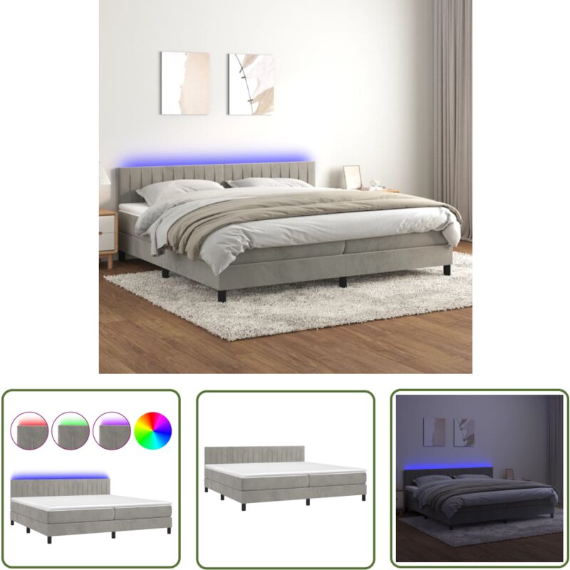 The Living Store Boxspringbett mit Matratze & LED Hellgrau 200x200 cm Samt - Boxspringbett - Doppelbett - Samtbett - Luxusbett - Bettrahmen