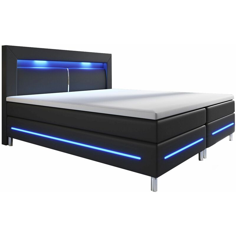 Juskys Boxspringbett Norfolk – LED Beleuchtung, Bonell-Matratzen, Topper & Kunstleder – 66 cm Komforthöhe – Bett Einzelbett 140 x 200 cm – schwarz