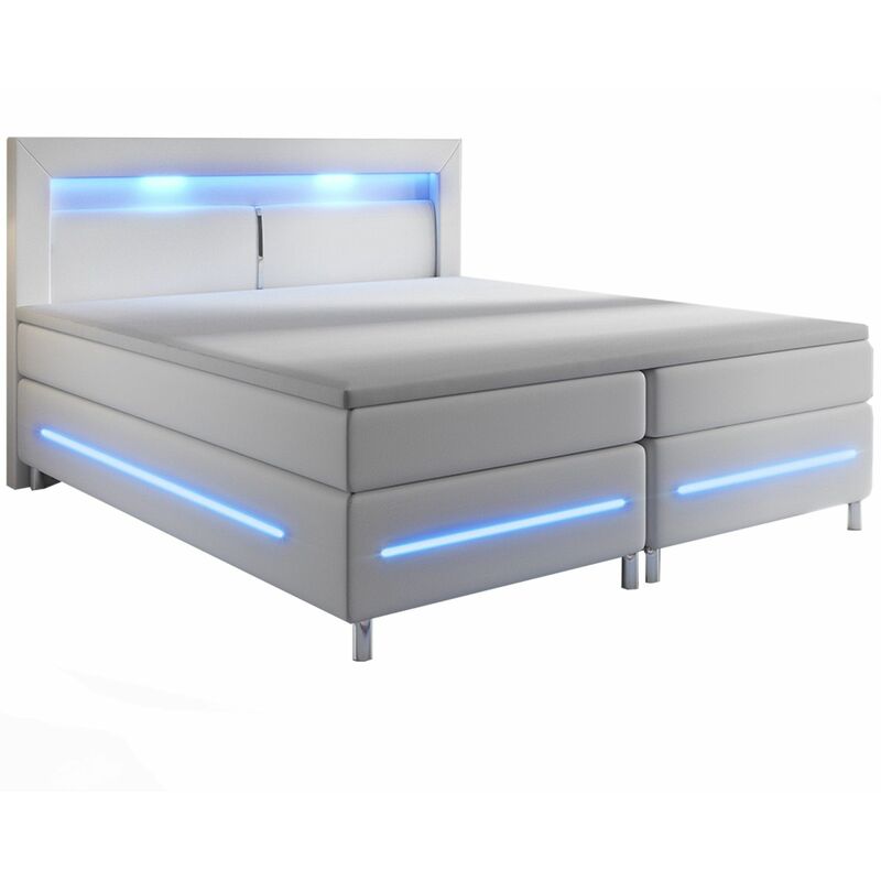 Juskys Boxspringbett Norfolk – LED Beleuchtung, Bonell-Matratzen, Topper & Kunstleder – 66 cm Komforthöhe – Bett Einzelbett 140 x 200 cm – weiß