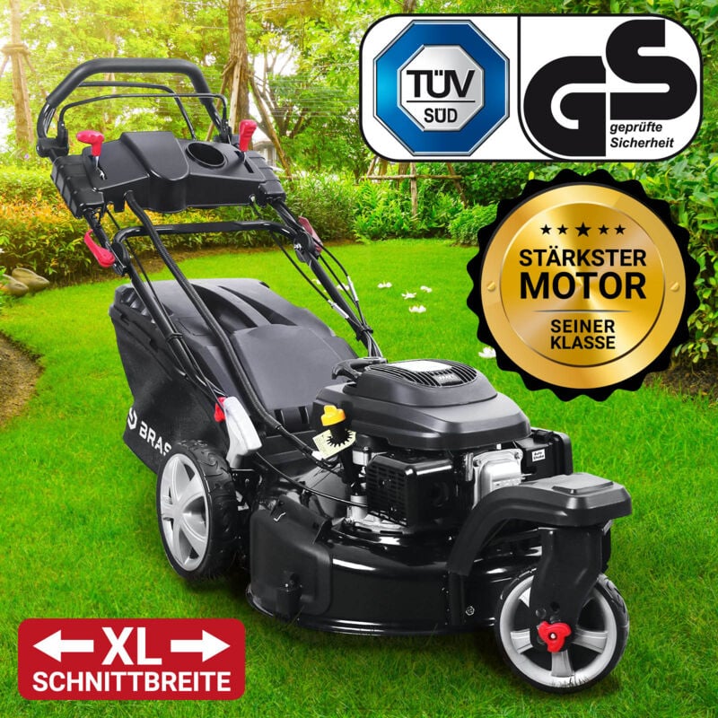 Rasenmäher Benzin Trike 5,2kW(7PS) mit Antrieb Elektrostart 53cm Schnittbreite 224ccm Stahlgehäuse 60L Fangkorb 4-Takt Motor tüv - Brast