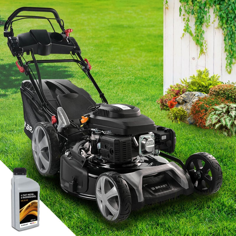 Benzin Rasenmäher mit Antrieb 5,2kW (7PS) Elektrostart 55cm Schnittbreite tüv 30-80mm Schnitthöhe 60L Fangkorb 4 Takt ohv Motor Stahlgehäuse estart