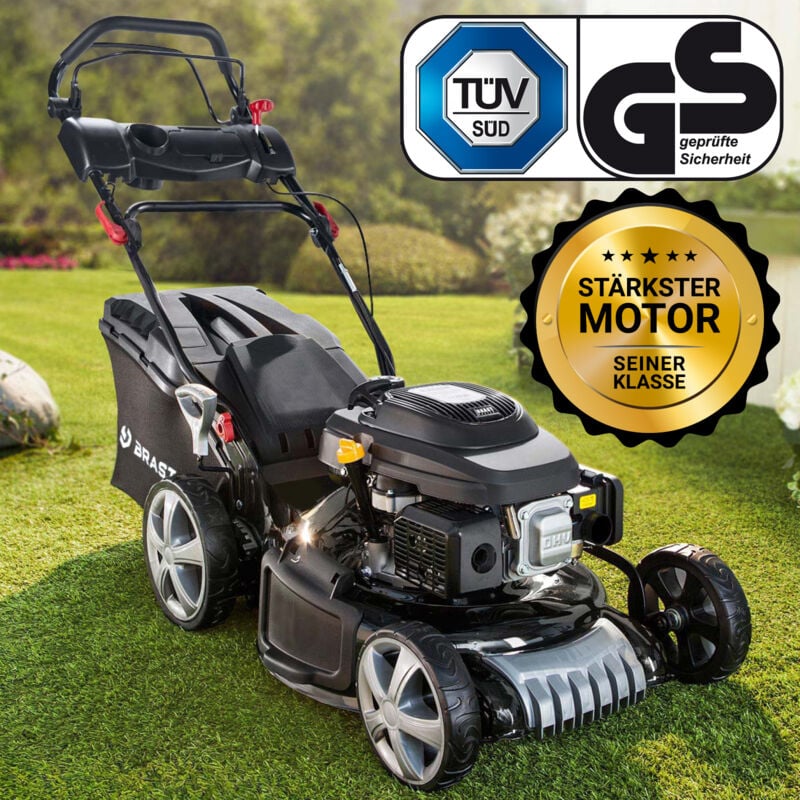 Brast - Benzin Rasenmäher mit Antrieb 5,2kW(7PS) 48cm Schnittbreite tüv 4 Takt ohv Motor 30-80mm Schnitthöhe 60L Fangkorb Stahlgehäuse 19224