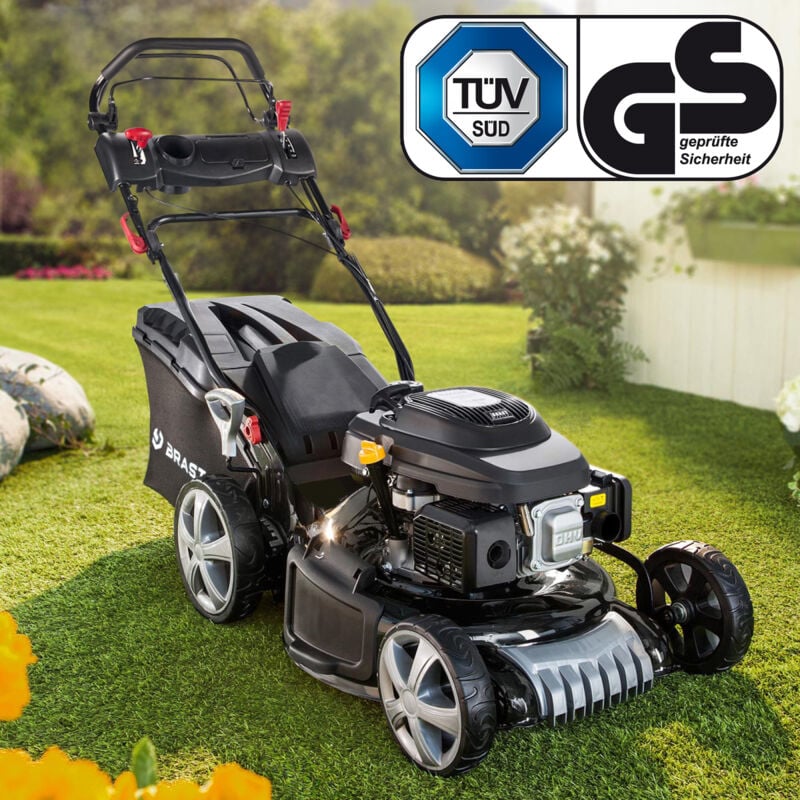 BRAST Benzin Rasenmäher mit Antrieb 5,2kW(7PS) 48cm Schnittbreite TÜV 4 Takt OHV Motor 30-80mm Schnitthöhe 60L Fangkorb Stahlgehäuse 19224 Speed