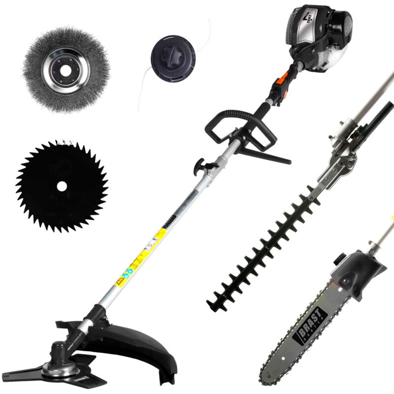 4-Takt Benzin 6in1 Motorsense Rasentrimmer Heckenschere Hochentaster Freischneider Unkrautvernichter Fugenbürste Multitool - Brast