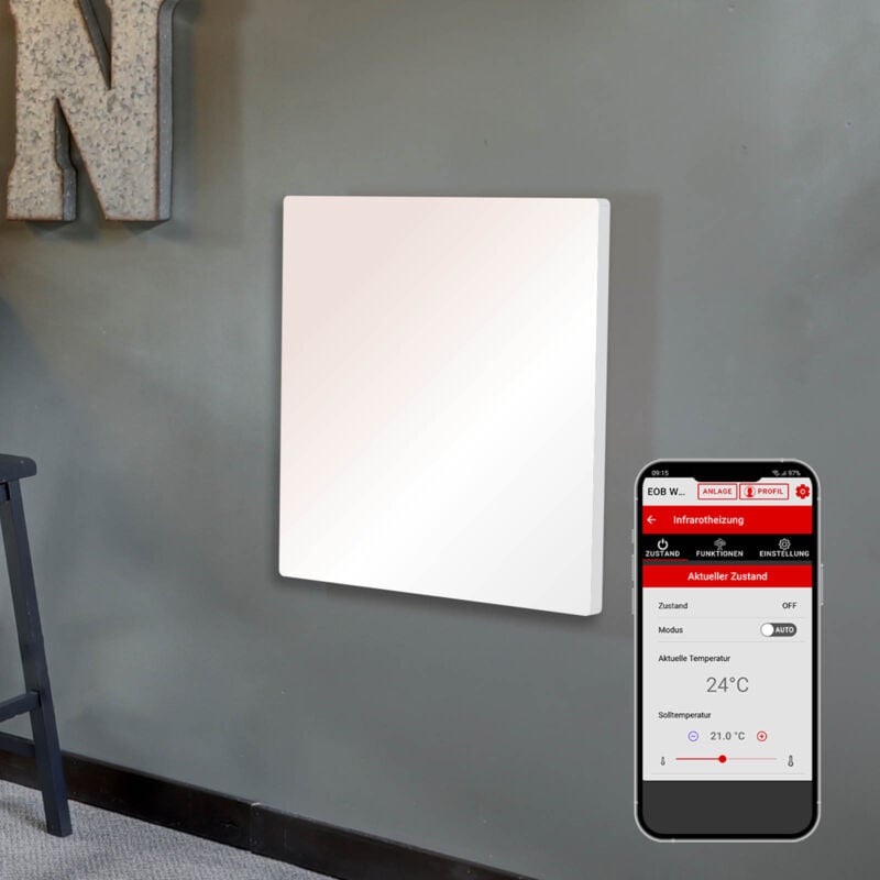 Infrarotheizung mit Stahlgehäuse 1100 Watt inkl. Wifi-Thermostat Wandhalterung & Montagematerial Made in Europe Überhitzungsschutz Spezial-Heizfolie