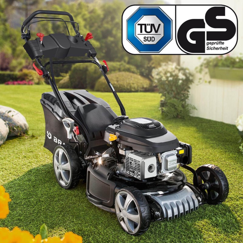 Benzin Rasenmäher mit Antrieb 3,5kW(4,76PS) Elektrostart 46cm Schnittbreite tüv 4 Takt ohv Motor 30-80mm Schnitthöhe 60L Fangkorb Stahlgehäuse 18170