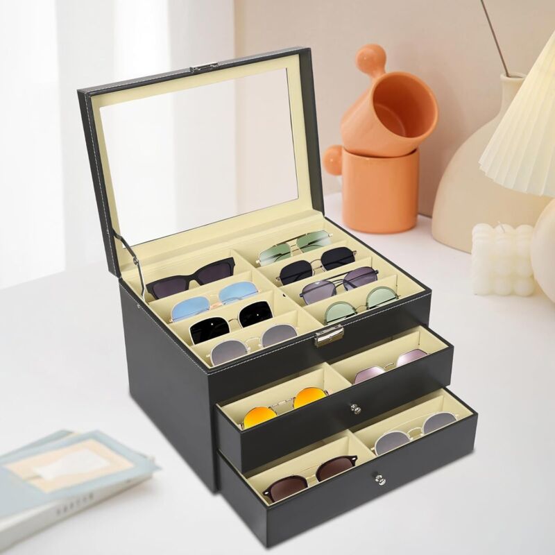 Brillenbox 3-stufige, Brillenvitrine von 24 Brillen, Brillenaufbewahrung Mehrere Brillen, Brillenetui Schublade für Sonnenbrillen, Sonnenbrillen