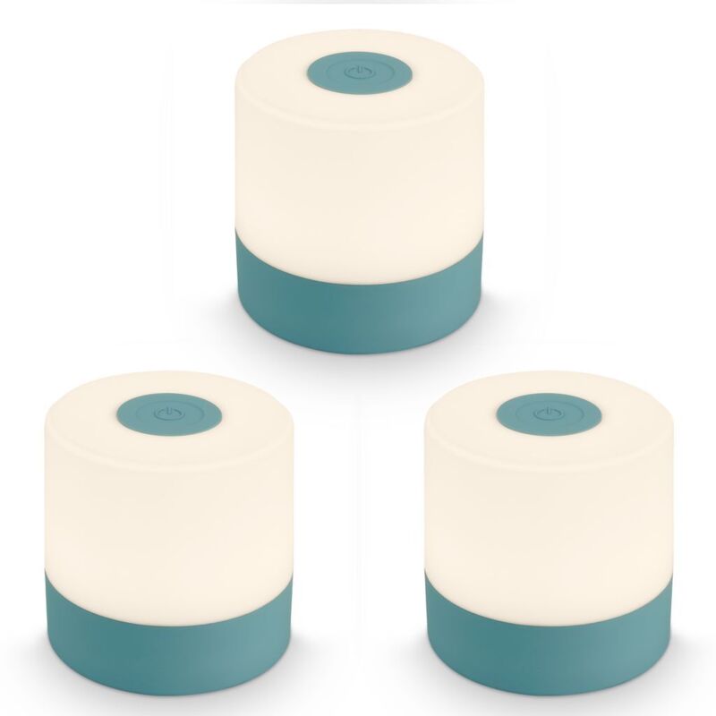 Briloner 3er Set Mini LED Tischlampen kabellos IP44, Dimmbar, Touch, Kabellos, Akku, Spritzwasserschutz, Taubenblau, Ø7 x 7 cm