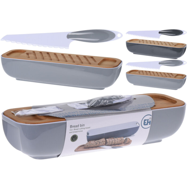 Brotkasten mit Holzdeckel, mit Messer im Set, hellgrau