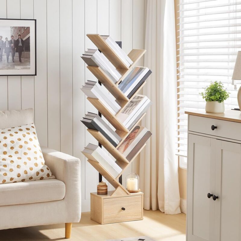 Bücherregal mit Schublade, Standregal mit 9 Ebenen, Baumförmiges Bücherregal, DVD Regal, Bücherturm Freistehend, für Wohnzimmer, Schlafzimmer,