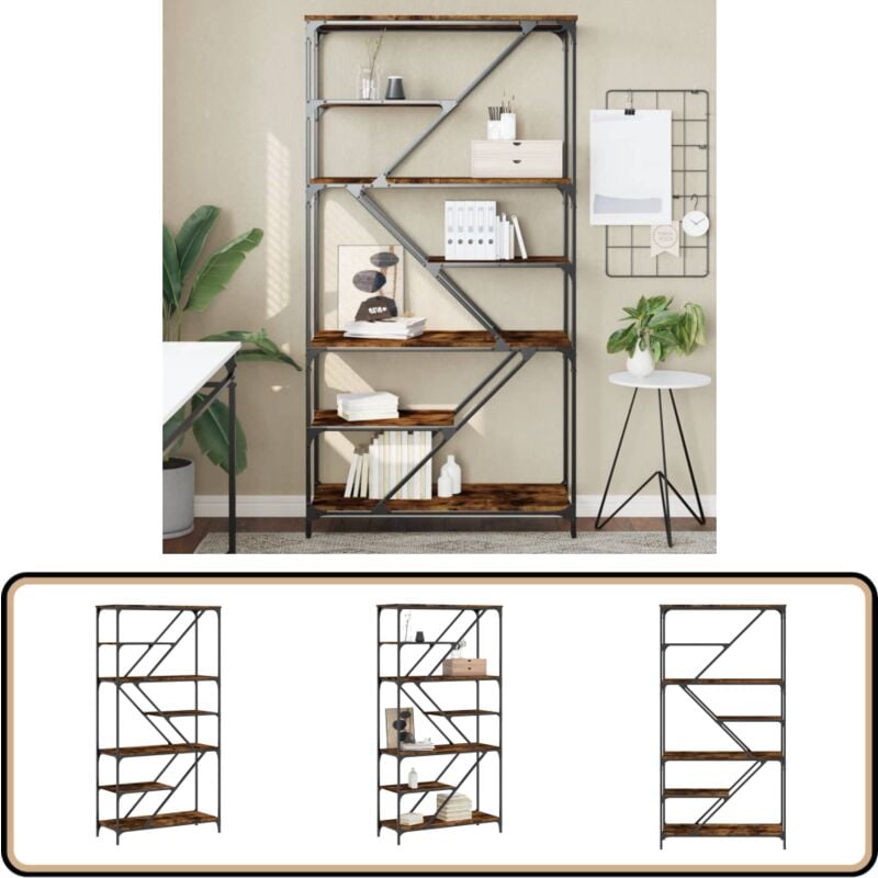 Bücherregal Räuchereiche 91x36x176 cm Holzwerkstoff und Stahl - BucheRegal - Industrielles Regal - Regal Holz - Regal Metall - Stauraum