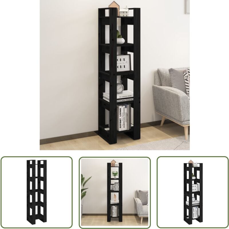 The Living Store Bücherregal/Raumteiler Schwarz 41x35x160 cm Massivholz Kiefer - BucheRegal - Holzmöbel - Kiefernholzmöbel - Schwarz - Bücherregal