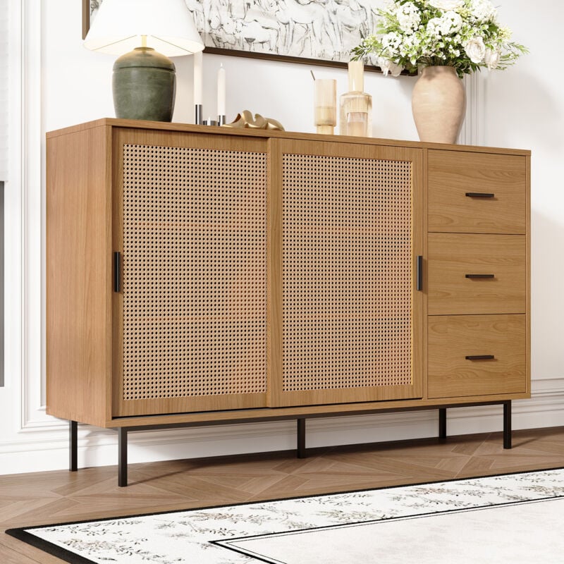 Wohnzimmer Sideboard Modern Esszimmerschrank 140x37x91cm 2 Schubladen 2 Schiebetüren und Staufach Schrank für Wohnzimmer Esszimmer Holz