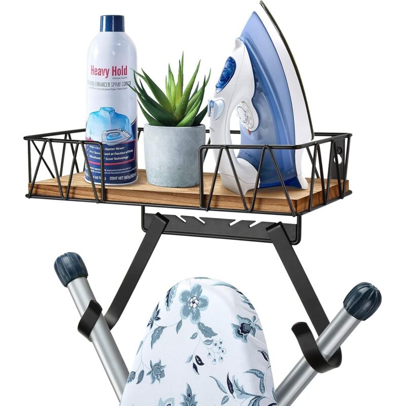 Bügelbretthalter zur Wandmontage – Bügeleisen und Bügelbrett mit großem Aufbewahrungskorb aus Holz und abnehmbaren Haken (T- und V-Form)