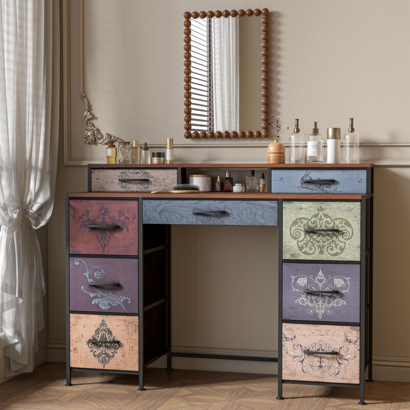 Bügelstation mit 9 Schubladen, mit schwarzen Griffen und Metallgestell, Holzplatte, geeignet für Wohnzimmer und Schlafzimmer, Schwarz