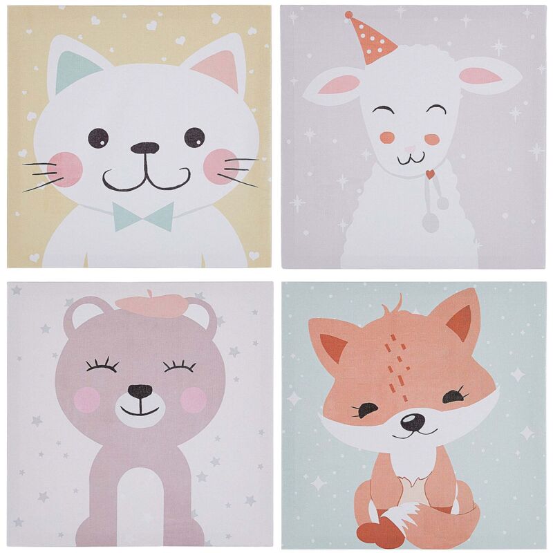 Wanddekoration Bunt MDF-Platte 4er Set 30 x 30 cm Katze-, Ziege-, Bär- und Fuchsmotiv Leinwandbilder Schlafzimmer Kinderzimmer Dekoration