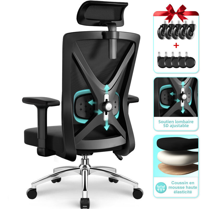 Bürostuhl, Bürostuhl ergonomisch, verstellbare Kopfstütze und Lendenstütze, verstellbare Armlehnen, Metallfuß, mit leisen Gummirädern, schwarzer,