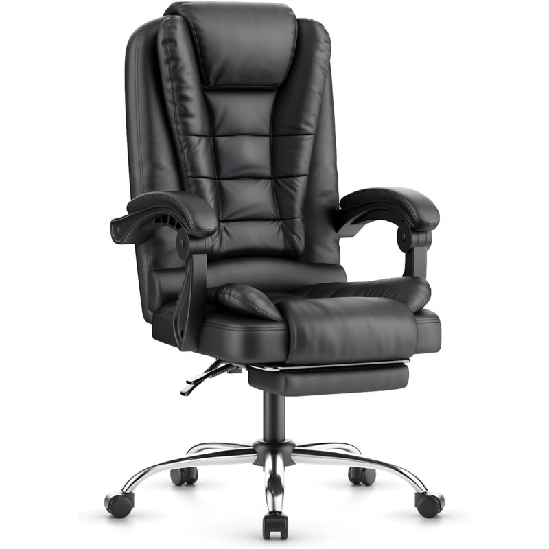 Wowttrelax - Bürostuhl mit Fußstütze Leder, 360° Drehbar, Ergonomischer Liegesitz, Höhenverstellbar, Bürostuhl mit Breiter Gepolsterter Sitzfläche,