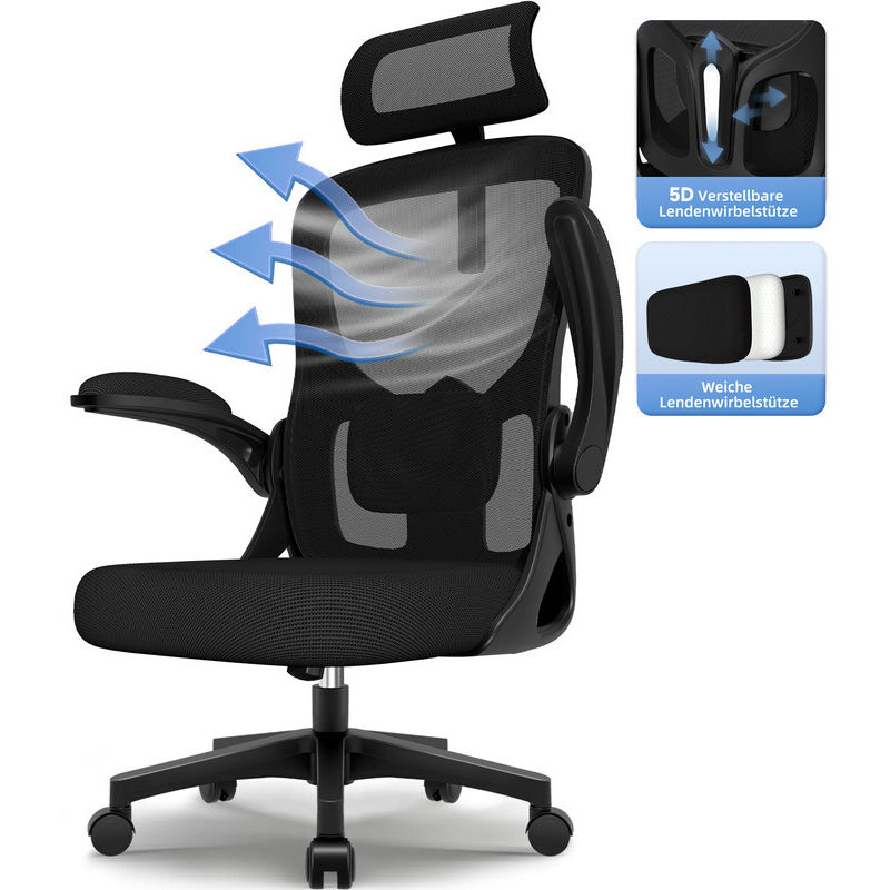 Bürostuhl, Schreibtischstuhl mit Kopfstütze und Weiche Lordosenstütze, Bürostuhl ergonomisch mit Wippfunktion bis 130°,Drehstuhl mit klappbaren