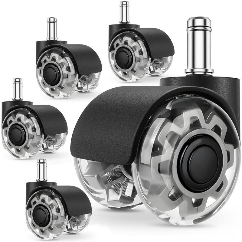 Bürostuhlrollen, 5 Stück, 360° drehbar, kratzfest, geeignet für Hartböden, Parkett, Teppich und Laminat. Kein Bodenschutz erforderlich.