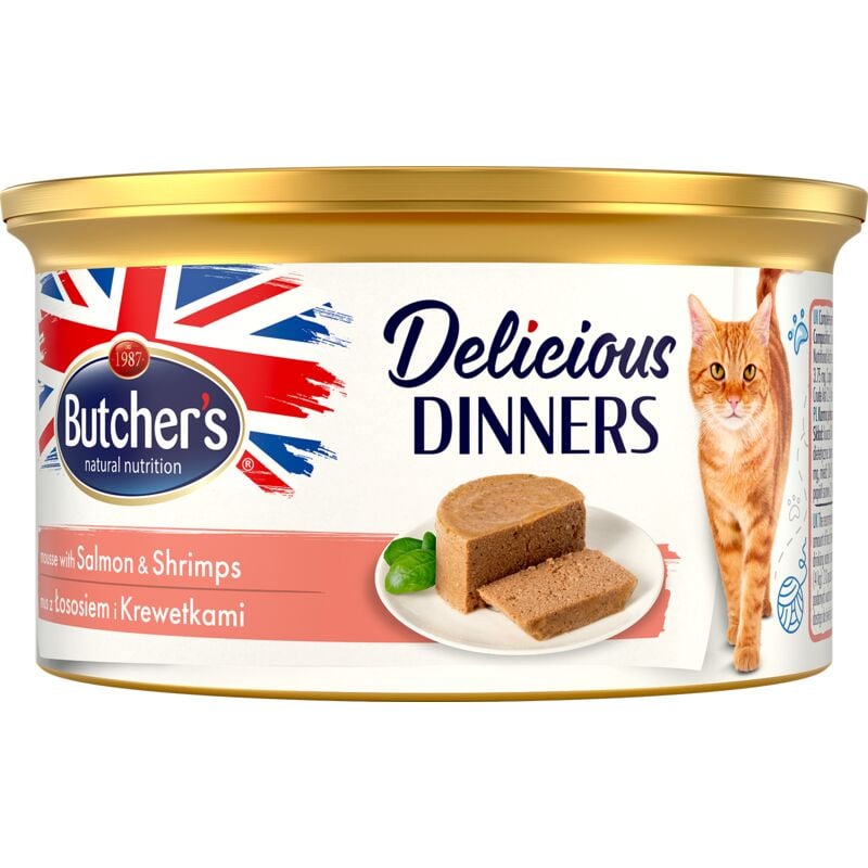 Butcher's Delicious Dinners, Katzenfutter, mit Lachs und Garnelen, Mousse 85g