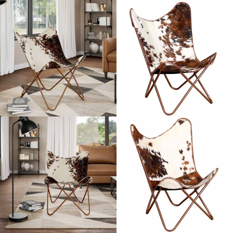 Butterfly-Sessel Braun und Weiß Echtes Kuhfell - Butterfly Sessel - Vintage Sessel - Ledersessel - Designerstuhl - Wohnzimmersessel - Home & Living