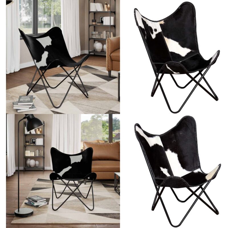 Butterfly-Sessel Schwarz und Weiß Echtes Kuhfell - Butterfly Sessel - Vintage Sessel - Ledersessel - Designerstuhl - Lounge Sessel - Home & Living