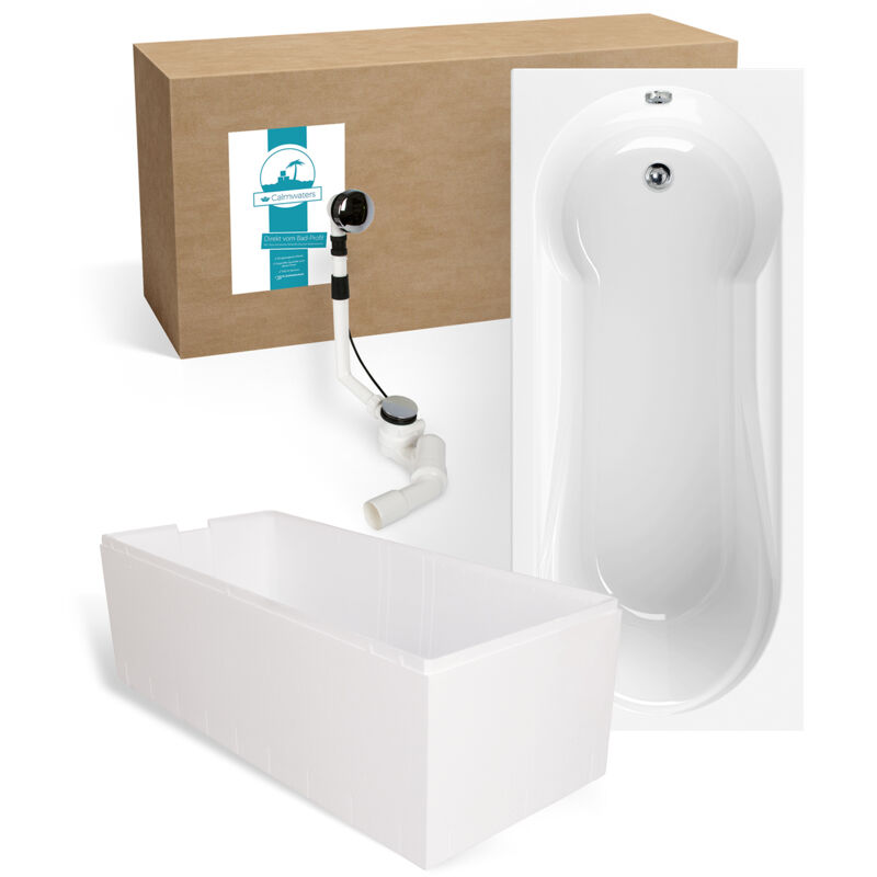 Calmwaters® Badewanne mit Dusche Komplettset 180x80 cm mit Wannenträger & Ablaufgarnitur, Acrylwanne Modern Small 2, Duschzone, Set Badewanne