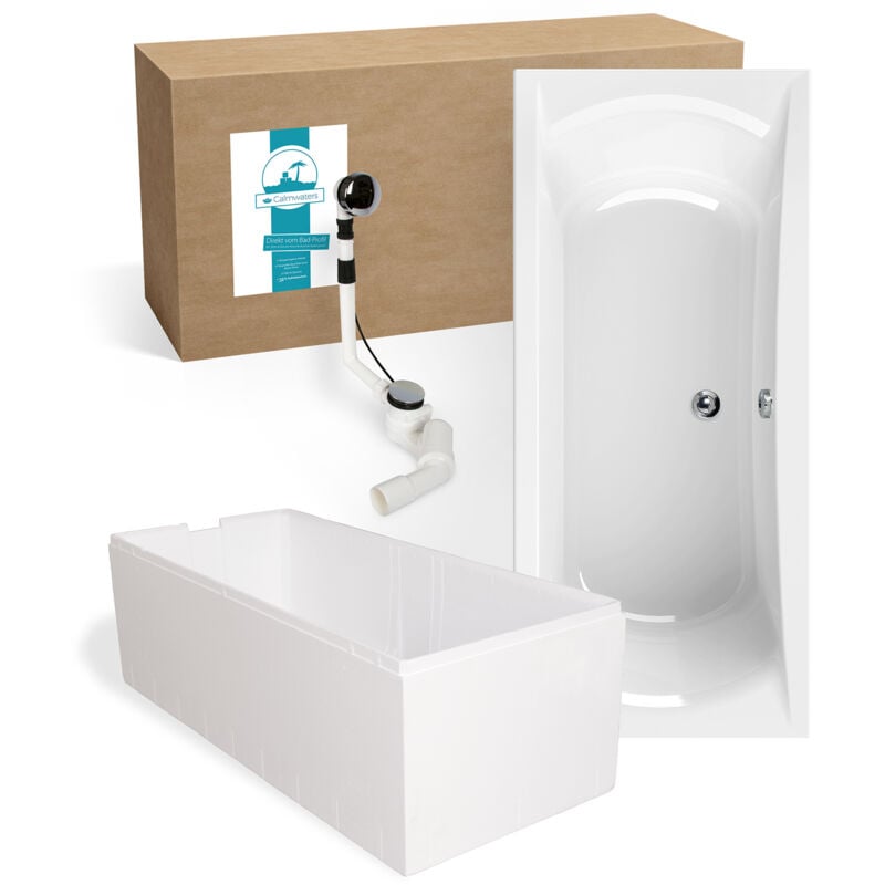 Calmwaters® Rechteck Badewanne Komplettset 180x80 cm mit Wannenträger & Ablaufgarnitur, Acrylwanne Modern Curved, Duowanne für 2, Set Badewanne