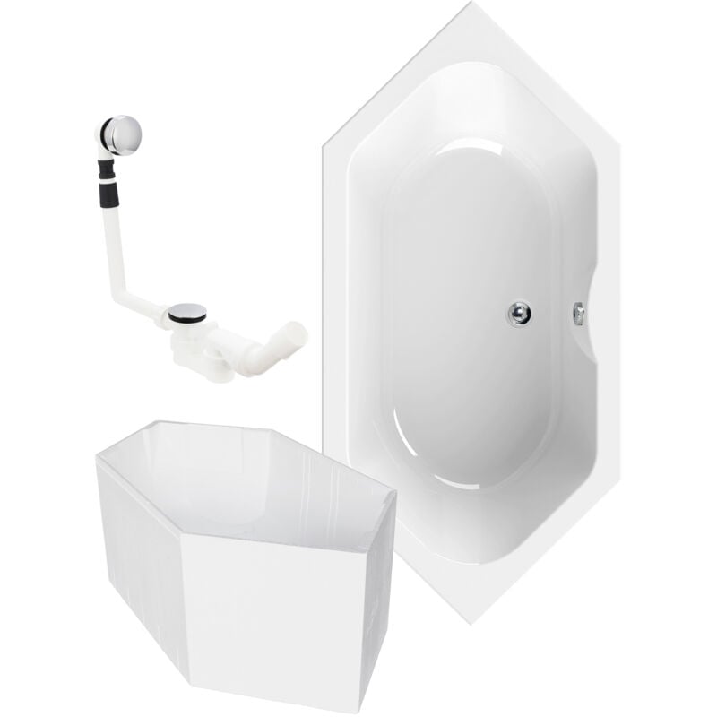 Calmwaters® Sechseck Badewanne Komplettset 190x90 cm mit Wannenträger & Ablaufgarnitur, Acrylwanne Exclusive, Duo-Badewanne für 2,