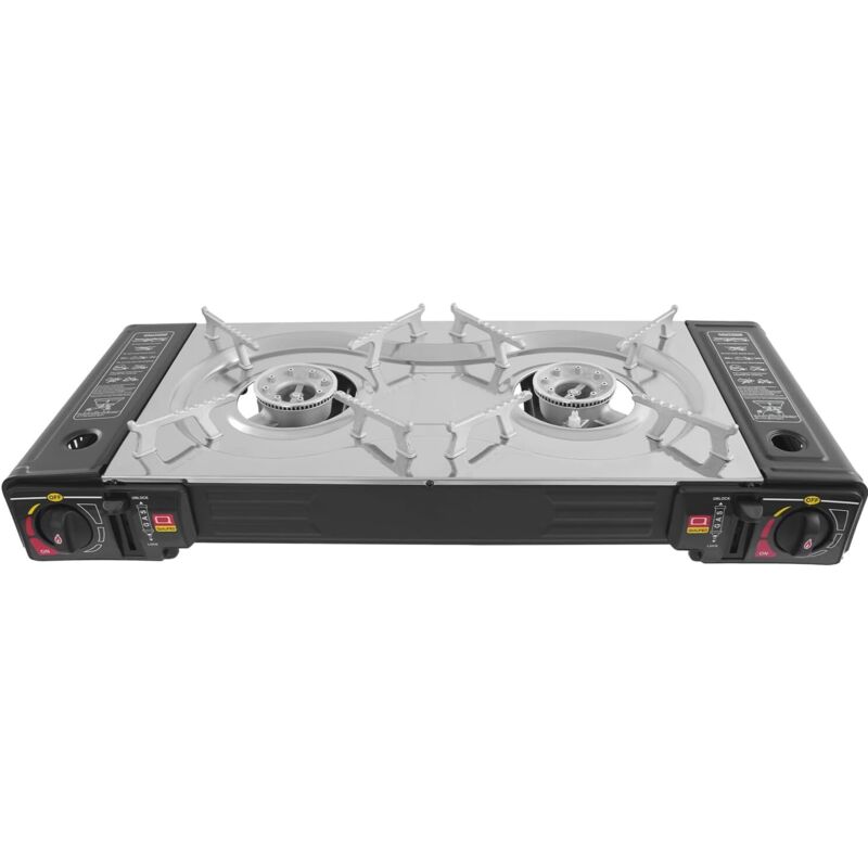 Camping Gaskocher 2-flammig mit Grillplatte 45x24 cm, Campingkocher Gas Kochfeld für Outdoor und Innenraum, Balkon Tisch Doppelgaskocher mit