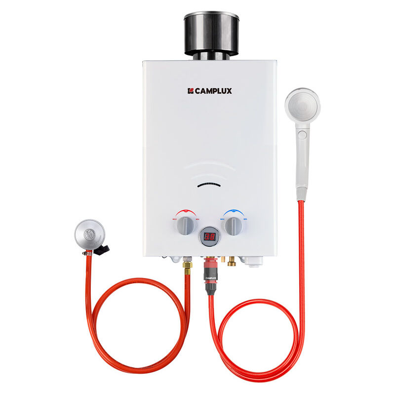 Gas-Wassererwärmer 6L/min Mit Regenschutz, 11KW Durchlauferhitzer mit Propan/Butangas - BW158C - 30/37 mbar - Weiß - Camplux