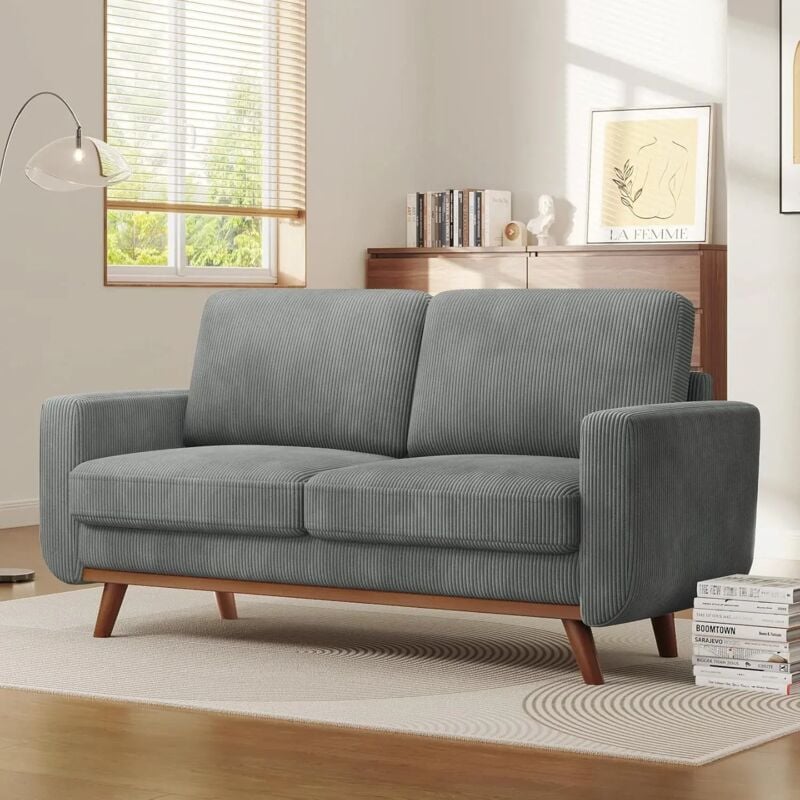 2-Sitzer-Sofa aus Cord, gepolstertes Federsofa mit extra tiefer Sitzfläche für das Wohnzimmer, Beine aus Massivholz, 173 x 76 x 89 cm, Grau